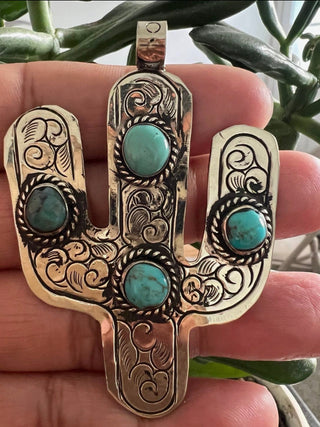 Western Turquoise Cactus Pendant | Handcrafted Tibetan Repoussé Silver Statement Necklace