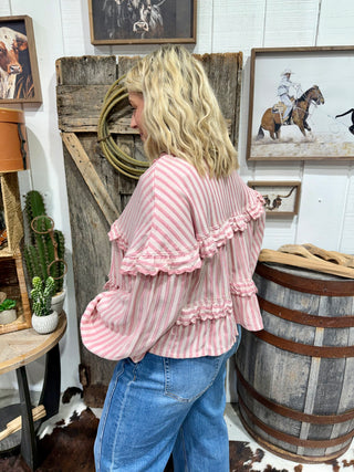 Pink Stripe Ruffle Blouse for Women | Boho Cowgirl Peplum Top