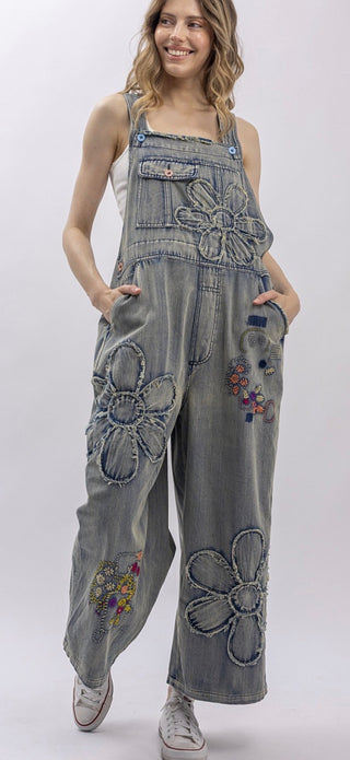 Vintage Flower Patch Denim Overalls | Boho Embroidered Wide Leg Jumpsuit