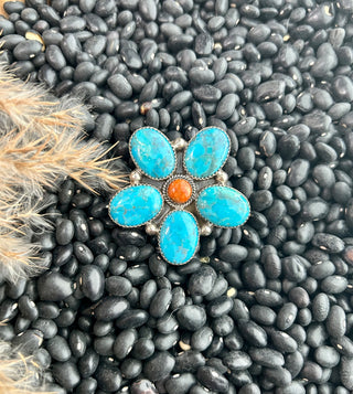 Authentic Kingman Turquoise & Orange Spiny Flower Ring -Adjustable