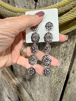 Western Concho Flower Statement Drop Earrings – 3.5”