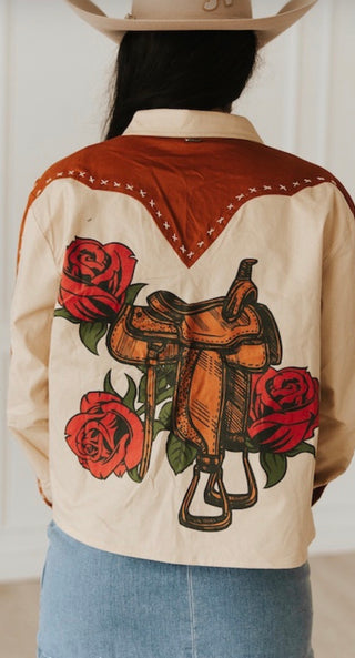 Western Saddle & Rose Button Down Shirt – Cream & Rust Cowgirl Graphic Top with Vintage Rodeo Style