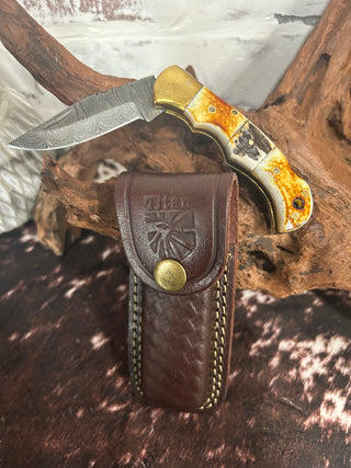 Burnt Bone & Stag Horn Folding Knife With Sheath