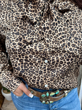 Willow Wild Leopard Satin Bow Tie Blouse | Western Chic Animal Print