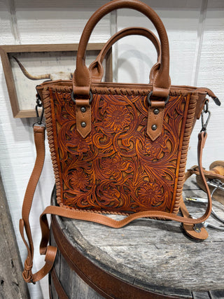 Trinity Ranch Floral Tooled Western Tote- Brown
