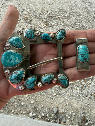 Custom Authentic Kingman Turquoise Statement Belt Buckle Set