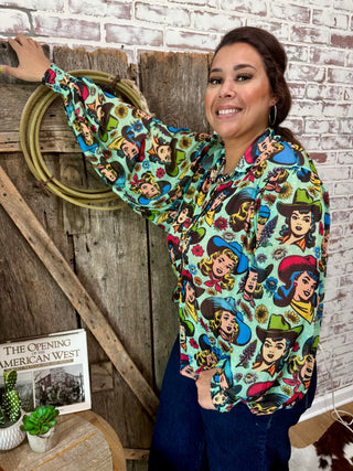 Cowgirl Pop Art Mesh Balloon Sleeve Blouse
