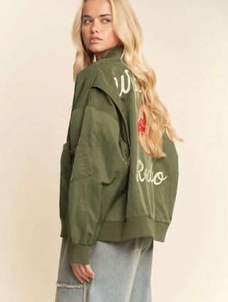 Army Green West Coast Rodeo Satin Bomber