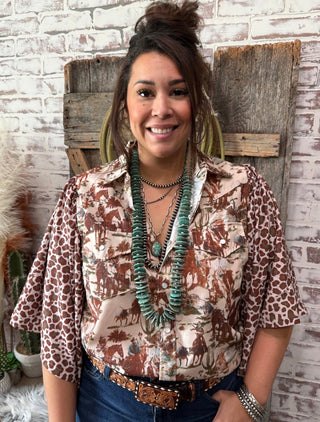 Wild & Western Retro Cowboy Print Pearl Snap Top