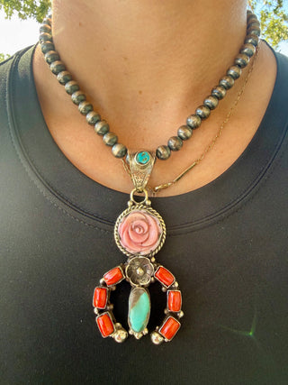 Pink Conch, Coral & Turquoise German Silver Pendant( pearls not included)