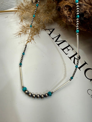 Sterling Silver Navajo Style Pearls & Turquoise Tube Bead Necklace | Modern Western Statement