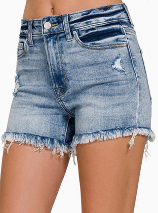 Light Wash Distressed Frayed Hem Denim Shorts | High Rise Stretch Boutique Jean Shorts
