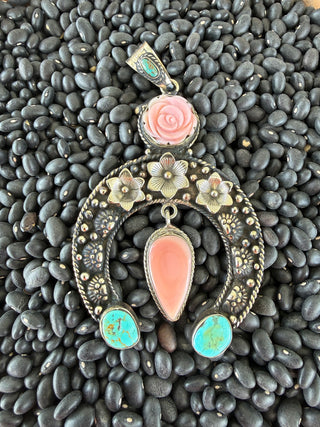 Tibetan Pink Conch & Kingman Turquoise Horseshoe Pendant | Sterling Silver Statement Necklace Pendant