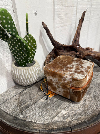 Small Western Cowhide Travel Jewelry Case | Cowhide Zip Jewelry Organizer for Rings, Earrings & Accessories- Black or Brown 