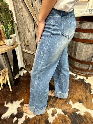 2 Fly Boot Print Cuffed Wide Leg Jeans