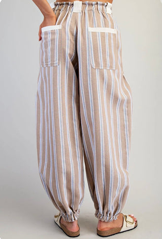 Striped Drawstring Cargo Jogger Pants | Relaxed Fit Bottoms-Taupe