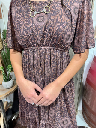 Bronzed Bloom Dress for Women | Western Tooled Print Flutter Sleeve Dress