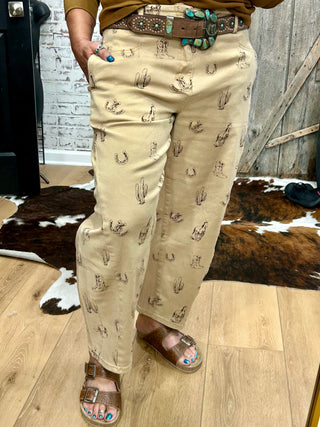 Khaki Western Print Barrel Jeans