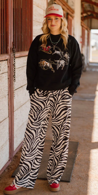 Zebra Print Cowgirl Safari Pants-Wide Leg Lounge Pants with Drawstring Waist- Sterling Kreek