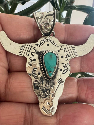 Handmade Tibetan Bull Skull Pendant with Turquoise | Western Statement Necklace | Made in Nepal