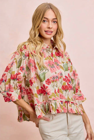 Spring Meadow Floral Ruffle Hem Peplum Top for Women | Quarter Sleeve Button Front Blouse