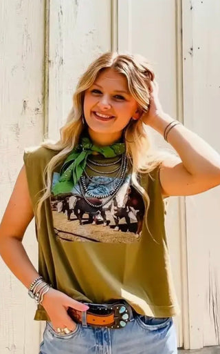 Herd of Herefords Boxy Muscle Tank – Olive Western Graphic Cowgirl Tee