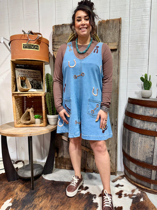 Western Denim Overall Romper with Horseshoe & Bit Embroidery | Cowgirl Wide leg Romper