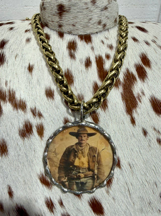 Hand Soldered Vintage Cowboy Photo Pendant Necklace on Chunky Brass Chain | Western Statement Jewelry