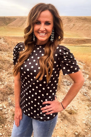  Sterling Kreek Dot Darling Top – Black Polka Dot Puff Sleeve Blouse