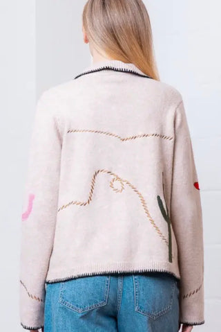 Western Embroidered Sweater Jacket | Oatmeal Button Front
