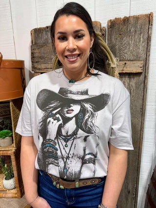 Western Turquoise Cowgirl Graphic Tee – Rhinestone Vintage Cowboy Hat Shirt