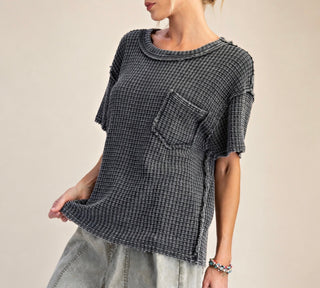 Charcoal Washed Waffle Knit Top for Women – Oversized Raw Hem Pocket Tee-Easel Brand