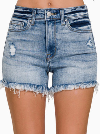 Distressing of Light Wash Distressed Frayed Hem Denim Shorts | High Rise Stretch Boutique Jean Shorts