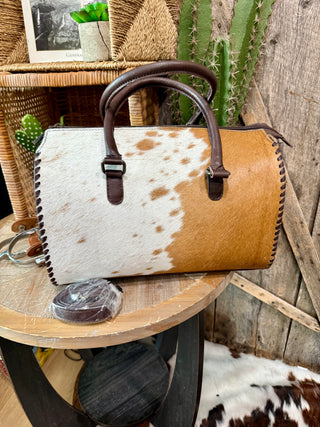 Large Brown Cowhide Buck Stitched Speedy Duffle Bag Style Purse