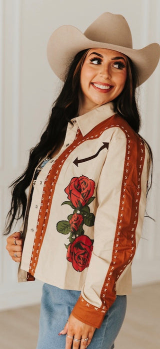 Western Saddle & Rose Button Down Shirt – Cream & Rust Cowgirl Graphic Top with Vintage Rodeo Style