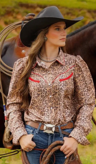 Howdy Hanny Leopard Western Snap Show- Stock Show Shirt | Red Piping Cowgirl Pearl Snap Button-Up