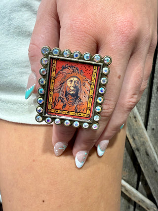 Western Chief Portrait Statement Ring | Rhinestone Adjustable Cowgirl Ring