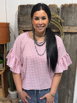 Pink Gingham Ruffle Sleeve Top | Medium Crop Lightweight Flowy Summer Blouse