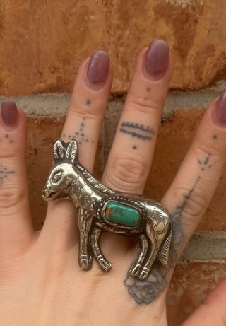 Western Jackass Tibetan Silver Ring with Turquoise | Adjustable Artisan Donkey Statement Ring