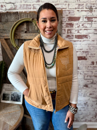Saddle Tan Faux Suede Boot Stitch Western Puffer Vest