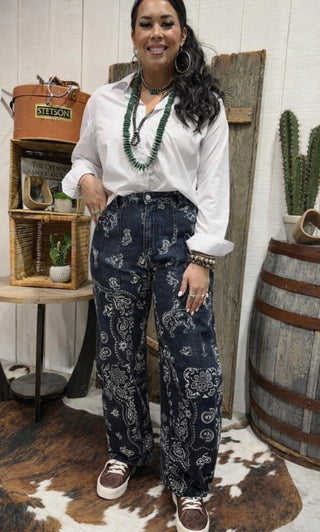 Dark Paisley Bandana Print Denim Pants | Western Cowgirl Statement Barrel Jeans