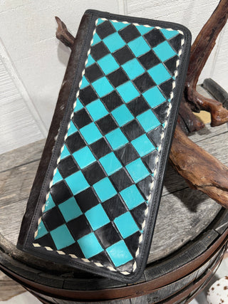 Cowhide & Turquoise Checkered Woven Jewelry Book Box | Western Travel Organizer