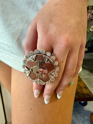 Bucking Horse Concho Adjustable Ring | Western Rhinestone Statement Ring