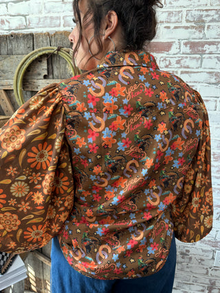 Retro Floral Western Pearl Snap Blouse with Cowgirl Flair – Bold Vintage