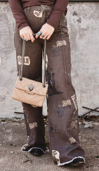 2 Fly Co Chatty Cowboy Wide Leg Front Seam Trousers | Retro Western Graphic Print Jeans