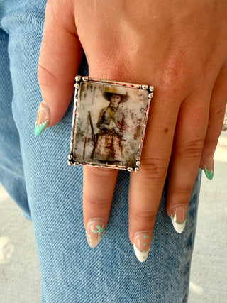 Vintage Cowgirl Stretch Ring | Western Portrait Statement Ring