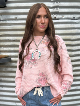 Easel Pink Floral Thermal Top for Women | Waffle Knit Top with Elbow Patches