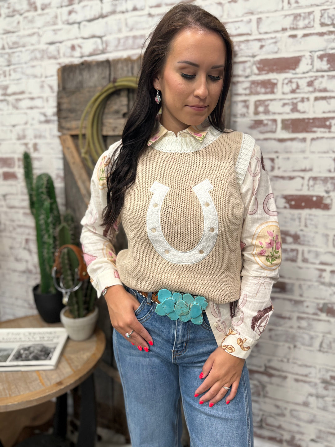 Feeling Lucky Tan Horseshoe Sweater Vest