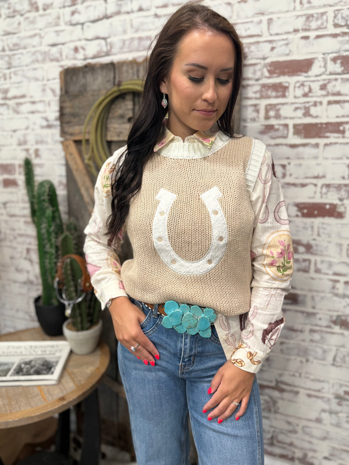 Feeling Lucky Tan Horseshoe Sweater Vest