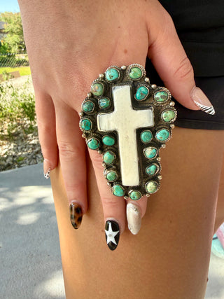 Turquoise Cross German Silver Statement Ring-Adjustable